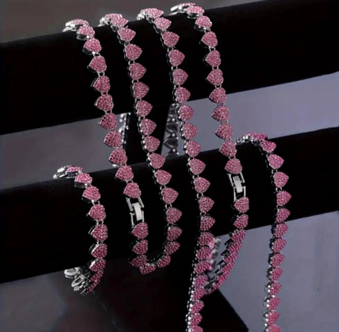 2-Pcs FULLY ICED 14K Gold Plated Heart Shape CZ Tennis Chain Necklace & Bracelet