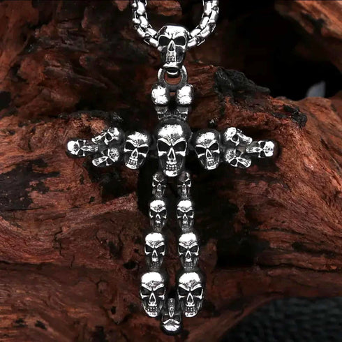 Vintage Cross Skull/Ghost 316L Stainless Steel Carved Halloween Pendant Necklace
