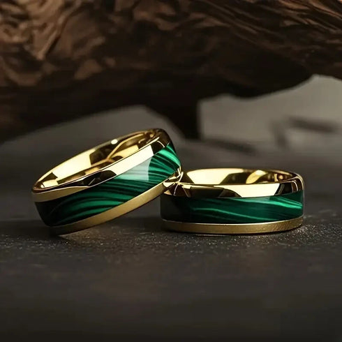 Men's 8mm Titanium Gold Fabricated Malachite Inlay Comfort-Fit Wedding Band