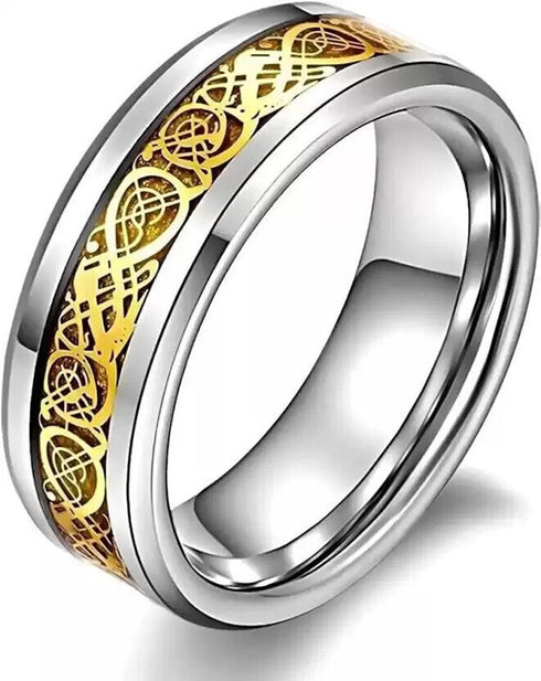 Men's 8mm Beveled Edge Comfort-Fit Yellow Celtic Dragon Tungsten Wedding Band