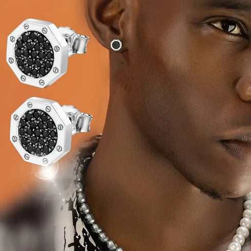 Octagon Micro Pave 14K White Gold Plated Cubic Zirconia Men's Stud Earrings