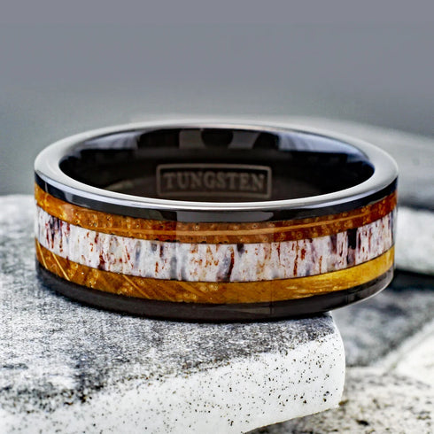 Men's 8mm Tungsten Deer Antler Whiskey Barrel Wood Inlay Engagement Wedding Band