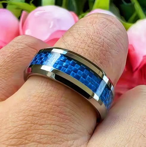 Men 8mm Tungsten Beveled-Edges Blue Carbon Fiber Inlay Comfort-Fit Wedding Band
