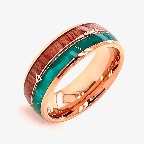 Men's 8mm Tungsten Cupid Arrow Green Malachite & Koa Wood Inlay Wedding Band