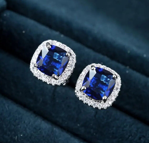 14K White Gold Plated Cushion Cut Square Blue Cubic Zirconia Men Women Earrings