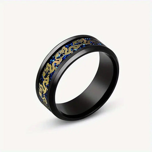 Men's 8mm Comfort Fit Black Tungsten Celtic Gold Dragon Blue Carbon Fiber Ring