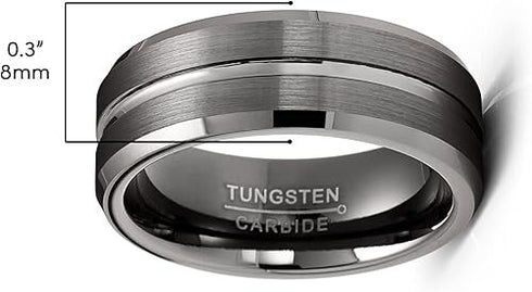 Men 8mm Tungsten Blue Glossed/Brushed Gunmetal Groove Beveled Edges Wedding Band