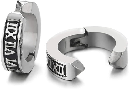 316L Surgical Steel Roman Numerals Clip-On Non-piercing Men Women Hoop Earrings