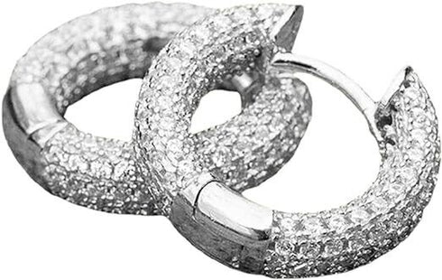 Fully Iced 18K White Gold Plated 3Row Honey Comb Zirconia Men Women Hoop Earring