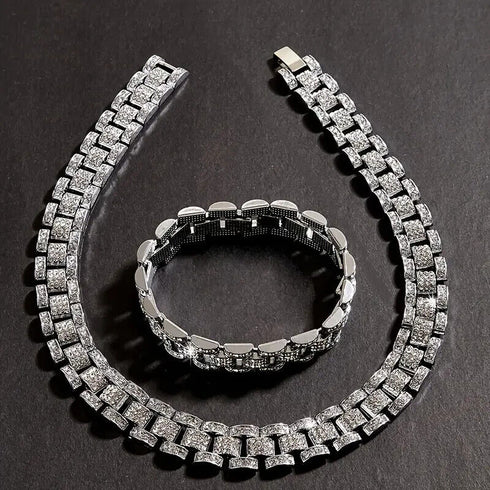 2Pc Men ICED Watch Band Link Baguette Chain 14K Gold Plated CZ Necklace Bracelet