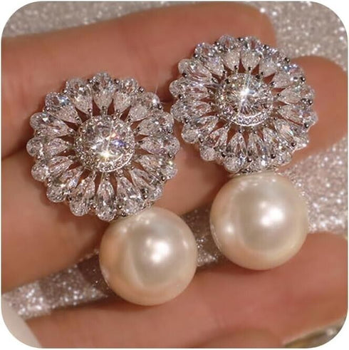 Stunning White Pearl Floral 18K White Gold-Plated Cubic Zirconia Bridal Earrings