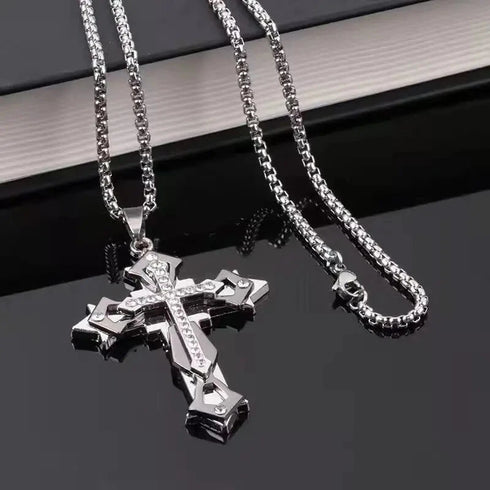 Titanium Creative Multi-Layer Cubic Zirconia Cross Pendant Necklace