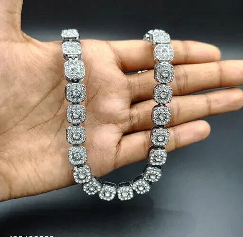 2-Pc FULLY ICED 14K White Gold Plated Square Cluster CZ Tennis Chain Necklace & Bracelet