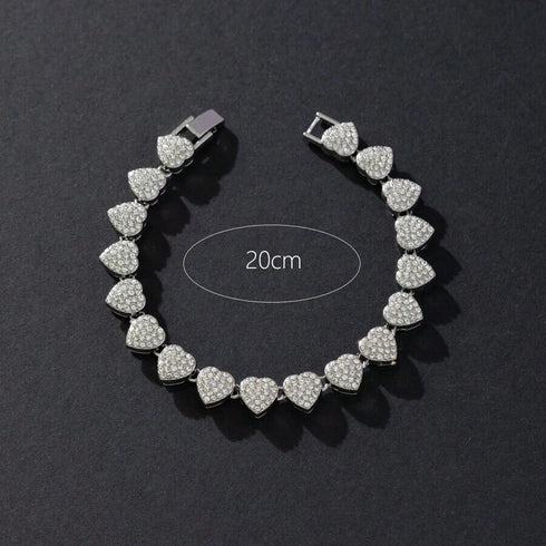 2-Pcs FULLY ICED 14K Gold Plated Heart Shape CZ Tennis Chain Necklace & Bracelet