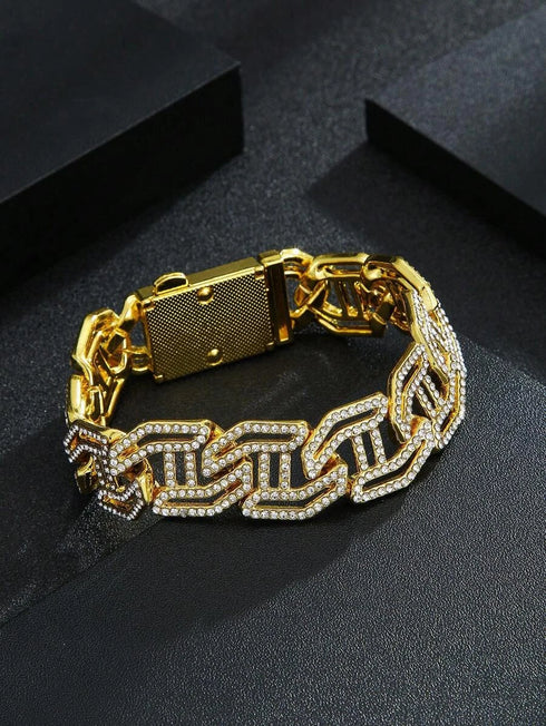 2-Pc ICED OUT Tiger Head 14K Gold Plated CZ Wide 'H' Shape Cuban Chain Necklace