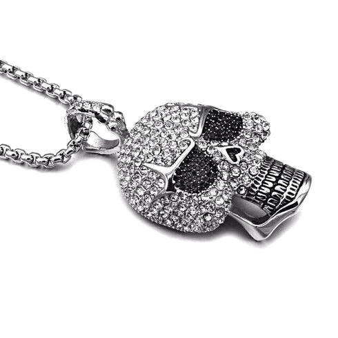 Iced Out 14K White Gold Plated Cubic Zirconia Sugar Skull Head Pendant Necklace