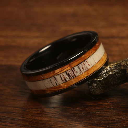 Men's 8mm Tungsten Deer Antler Whiskey Barrel Wood Inlay Engagement Wedding Band