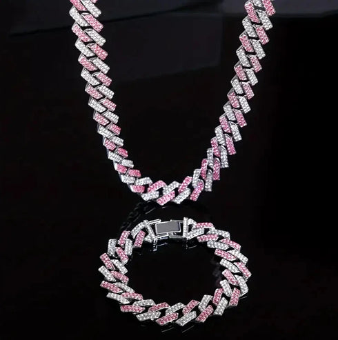 2Pc FULLY ICED 14K White Gold Plated CZ Miami Cuban Link Chain Necklace & Bracelet