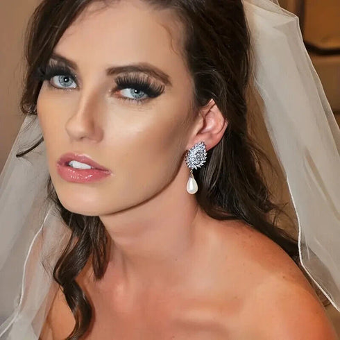 Luxury White Pearl Teardrop 18K White Gold-Plated Cubic Zirconia Bridal Earrings