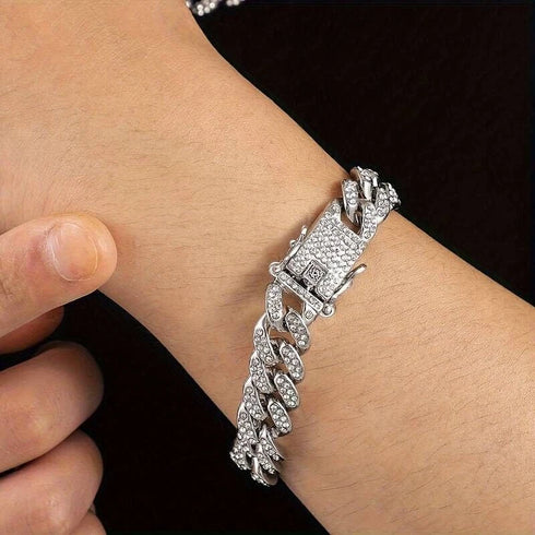 3-Pcs FULLY ICED 14K White Gold Plated CZ SKULL Cuban Necklace & Bracelet