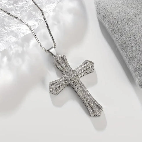 Iced Out Bling 14K Gold Plated Cubic Zirconia Blessed Cross Pendant Necklace