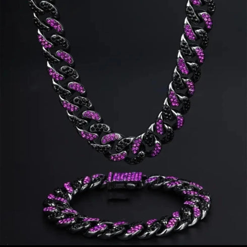2Pcs FULLY ICED Bling Gun Black Rhodium Plated CZ Cuban Chain Necklace+Bracelet