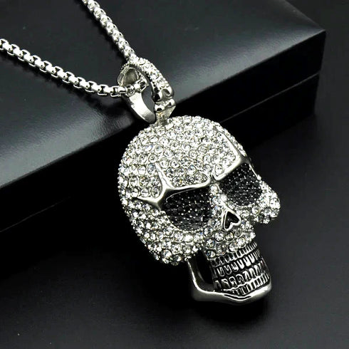 Iced Out 14K White Gold Plated Cubic Zirconia Sugar Skull Head Pendant Necklace