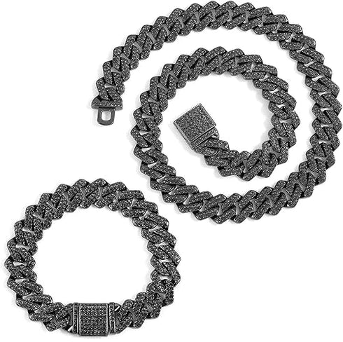 2 Pc FULLY ICED Black Rhodium Plated Cubic Zirconia Necklace & Bracelet