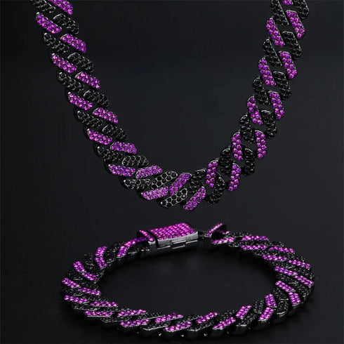 2Pc FULLY ICED Bling Rhodium Plated Purple Black CZ Cuban Link Necklace+Bracelet