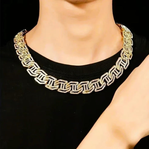 2-Pc ICED OUT Tiger Head 14K Gold Plated CZ Wide 'H' Shape Cuban Chain Necklace