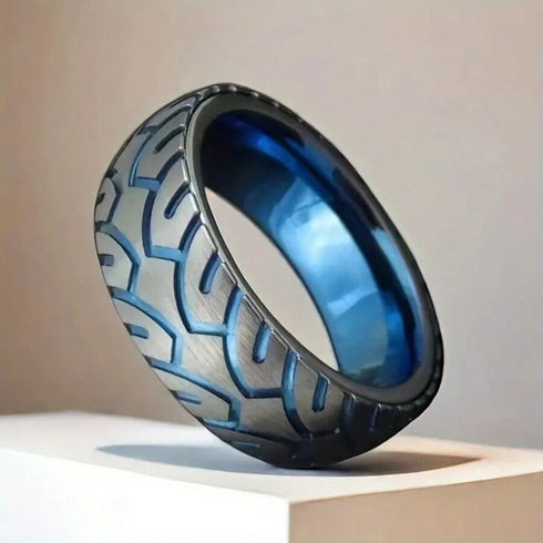 Men 8mm Titanium Motorcycle Tire Tread Pattern & Anodized Inlays Non-Fading Band