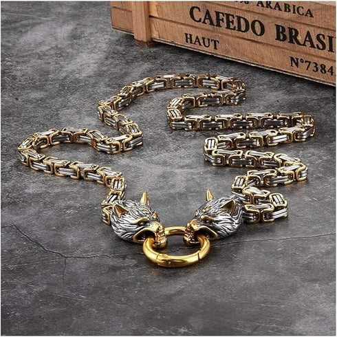 Titanium Norse Viking Twin Wolf W/Thor's Hammer 2-Tone Pendant Necklace