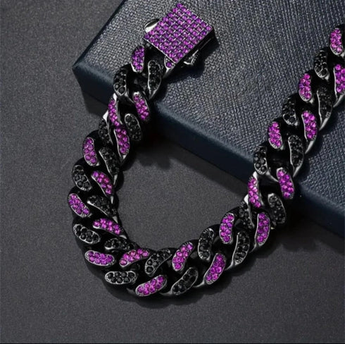 2Pcs FULLY ICED Bling Gun Black Rhodium Plated CZ Cuban Chain Necklace+Bracelet