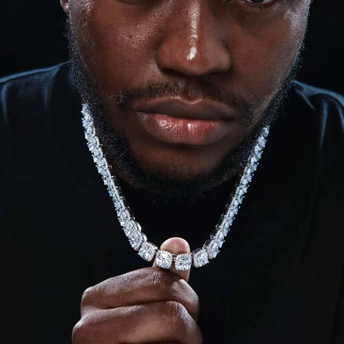 2-Pc FULLY ICED 14K White Gold Plated Square Cluster CZ Tennis Chain Necklace & Bracelet