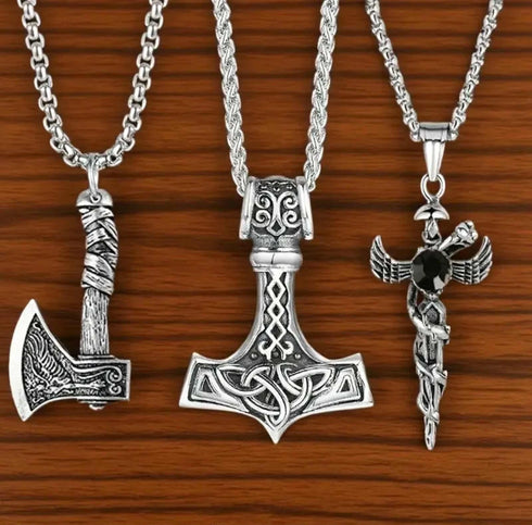 Norse Runes Viking Thor Hammer/Wolf Axe/Wing Cross Sword Amulet Pendant Necklace