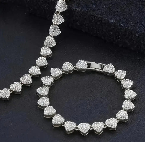 2-Pcs FULLY ICED 14K Gold Plated Heart Shape CZ Tennis Chain Necklace & Bracelet