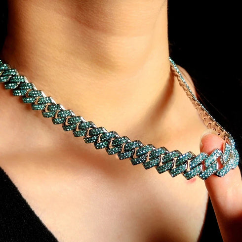 2Pc FULLY ICED 14K White Gold Plated CZ Miami Cuban Link Chain Necklace & Bracelet