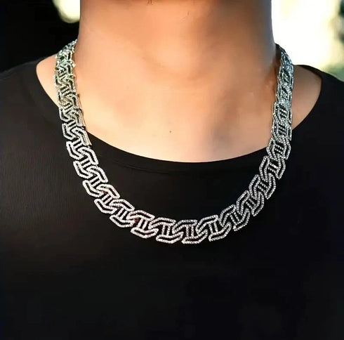 2-Pc ICED OUT Tiger Head 14K Gold Plated CZ Wide 'H' Shape Cuban Chain Necklace