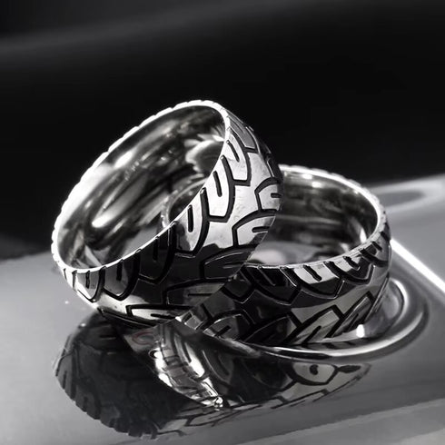 Men 8mm Titanium Motorcycle Tire Tread Pattern & Anodized Inlays Non-Fading Band