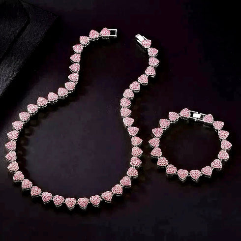 2-Pcs FULLY ICED 14K Gold Plated Heart Shape CZ Tennis Chain Necklace & Bracelet