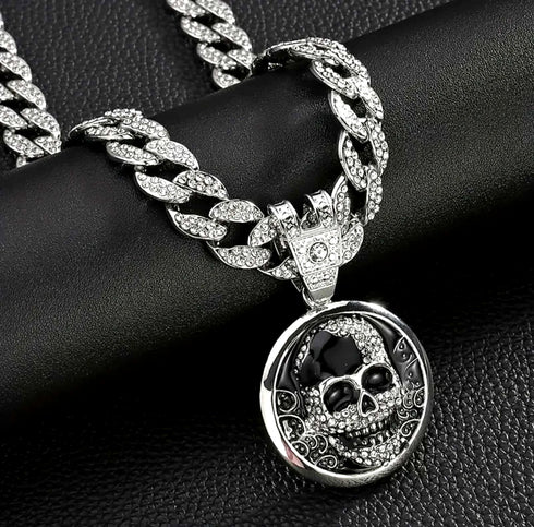 3-Pcs FULLY ICED 14K White Gold Plated CZ SKULL Cuban Necklace & Bracelet