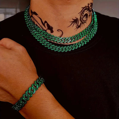 2Pcs Bling Gun Black FULLY ICED Rhodium Plated CZ Cuban Chain Necklace+Bracelet