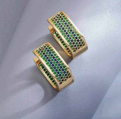 Elegant Micro Pave 14K Gold Plated Green Blue Cubic Zirconia Women Hoop Earrings