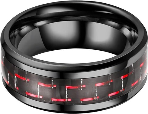 Men's 8mm Tungsten Ring Red Black Carbon Fiber Inlay Comfort-Fit Wedding Band
