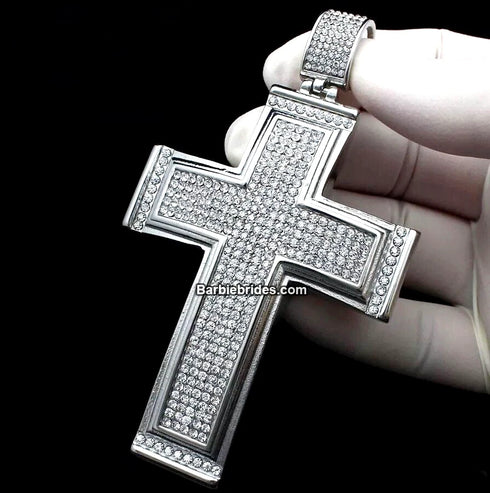 3-Pcs Iced 14K White Gold Plated CZ Large Cross Pendant with Cuban Necklace & Bracelet