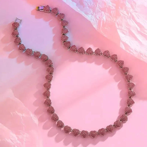 2-Pcs FULLY ICED 14K Gold Plated Heart Shape CZ Tennis Chain Necklace & Bracelet