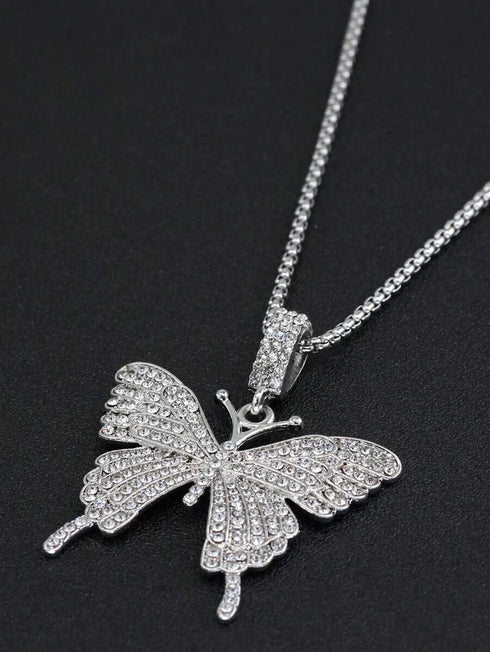 Iced Out Paved 14K White Gold Plated Cubic Zirconia Butterfly Pendant Necklace