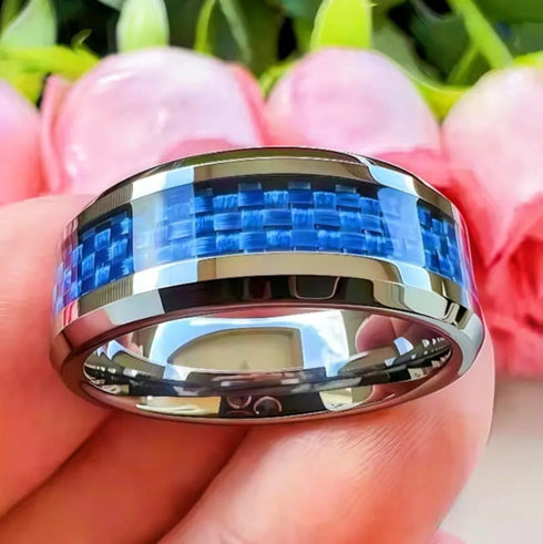 Men 8mm Tungsten Beveled-Edges Blue Carbon Fiber Inlay Comfort-Fit Wedding Band