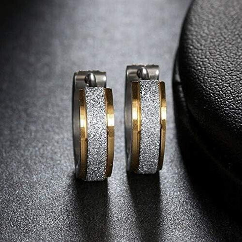 2Tone Titanium Frosted Gold Silver Hypoallergenic Men Women Huggie Hoop Earrings