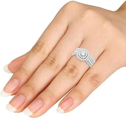 Solitaire Double Halo 14K White Gold Plated Cubic Zirconia Engagement Ring